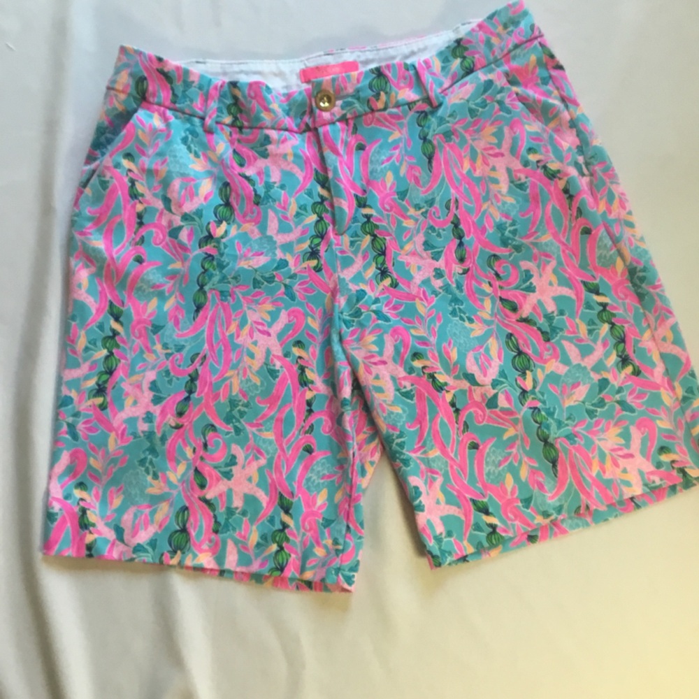 Lilly Pulitzer Pink Blue Green Multicolor Tropical-Print Bermuda Shorts sz 12